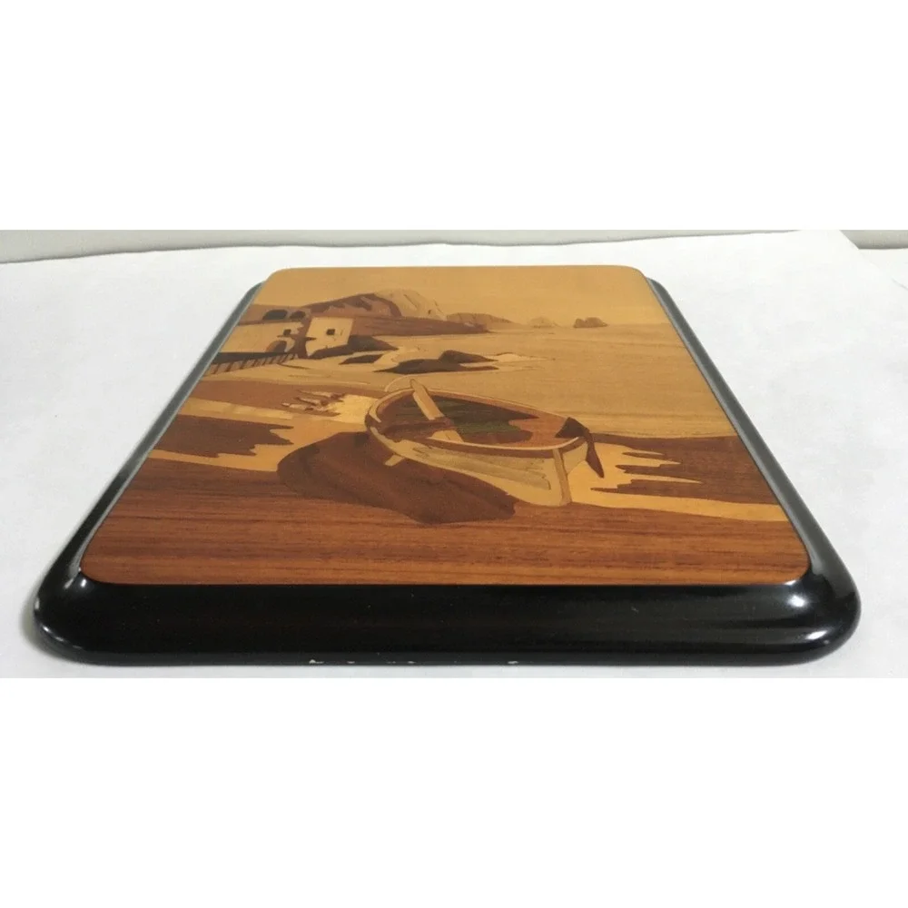 Mariorita Ana-Capri Italy Marquetry Wood Wall Hanging Of Shoreline Rowboat Cliff